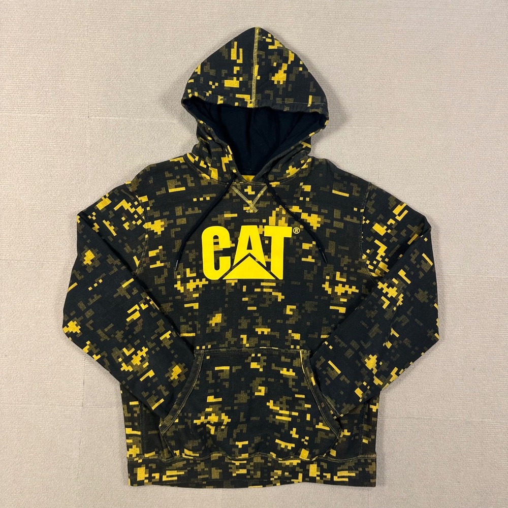Caterpillar CAT Hoodie Mens Large Black Yellow Digital Camo Logo Pullover 1787